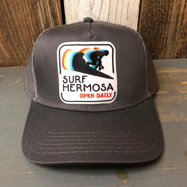 SURF HERMOSA :: OPEN DAILY - 5 Panel Mid Profile Mesh Back Trucker Hat - Charcoal Grey