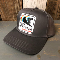 SURF HERMOSA :: OPEN DAILY - 5 Panel Mid Profile Mesh Back Trucker Hat - Charcoal Grey