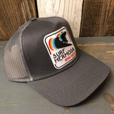 SURF HERMOSA :: OPEN DAILY - 5 Panel Mid Profile Mesh Back Trucker Hat - Charcoal Grey