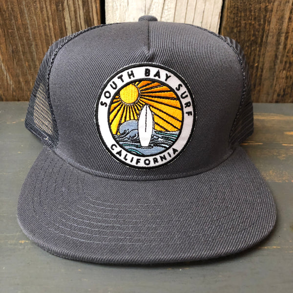 SOUTH BAY SURF (Multi Patch) Premium 5-Panel Mid Profile Mesh Trucker Hat - Grey