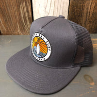 SOUTH BAY SURF (Multi Patch) Premium 5-Panel Mid Profile Mesh Trucker Hat - Grey