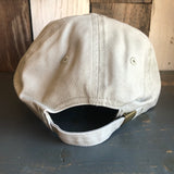 Khaki cotton 6-panel dad hat with an adjustable strap and metal clasp, shown from the back.