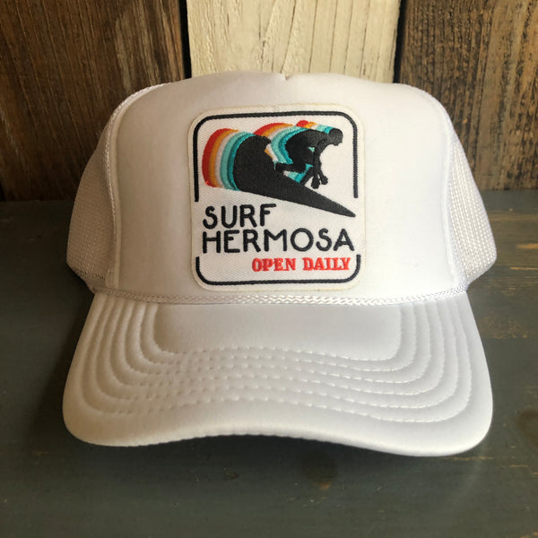 Hermosa Beach SURF HERMOSA :: OPEN DAILY High Crown Trucker Hat - White