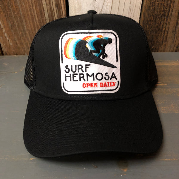 SURF HERMOSA :: OPEN DAILY - 5 Panel Mid Profile Mesh Back Trucker Hat - Black