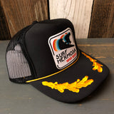 SURF HERMOSA :: OPEN DAILY 5 Panel High Crown Mesh Back Captain Trucker Hat- Black/Gold