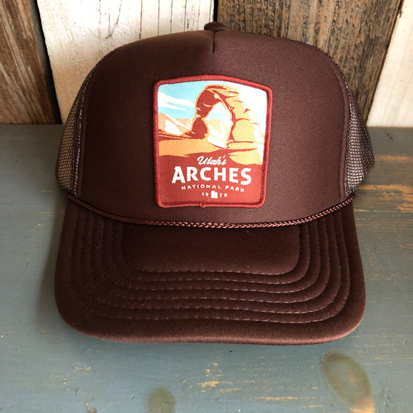 Utah's Arches National Park High Crown Trucker Hat - Brown