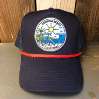 Hermosa Beach SHOREFRONT 5 panel Cotton Twill Front, Mesh Back, Rope cap - Navy/Red Braid