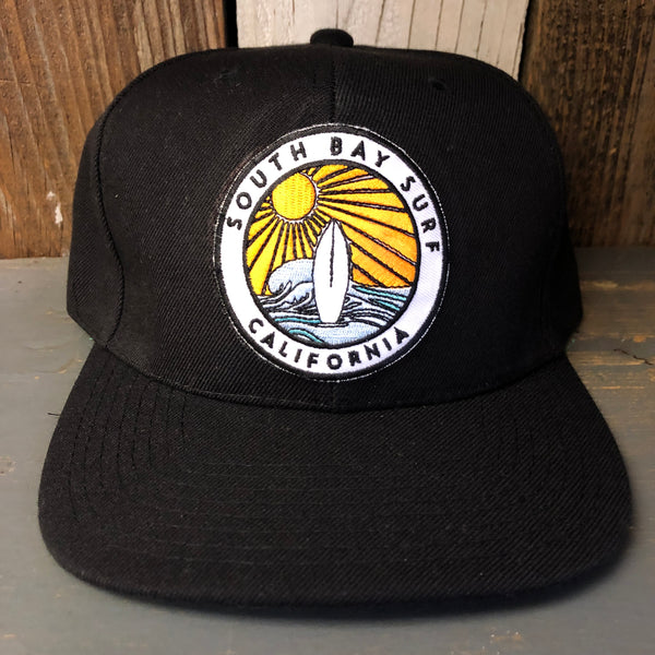 SOUTH BAY SURF (Multi Colored Patch) 6 Panel Wool Blend Flat Bill Hat - Black