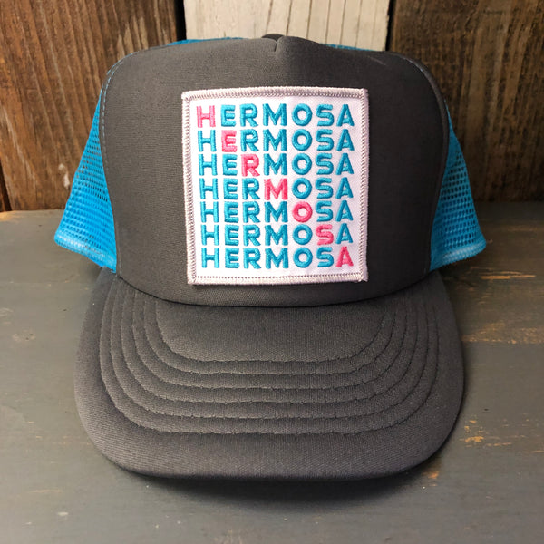 Hermosa Beach OCEAN DRIVE High Crown 5 Panel Trucker Cap, Foam/Mesh - Charcoal/Aqua