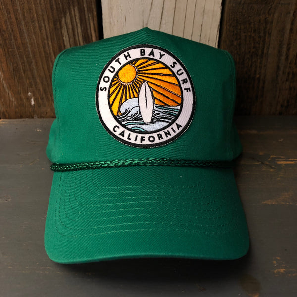 SOUTH BAY SURF (Multi Colored Patch) 5 Panel Twill, Snap Back Golf, Rope Cap - Kelly Green/Green Braid