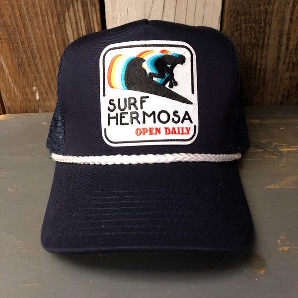 Hermosa Beach SURF HERMOSA :: OPEN DAILY 5 panel Rope Trucker Cap - Navy/White Braid (Curved Brim)