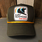 Hermosa Beach SURF HERMOSA :: OPEN DAILY 5 panel Mesh Trucker, Rope cap - Loden/Gold Braid