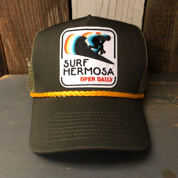 Hermosa Beach SURF HERMOSA :: OPEN DAILY 5 panel Mesh Trucker, Rope cap - Loden/Gold Braid