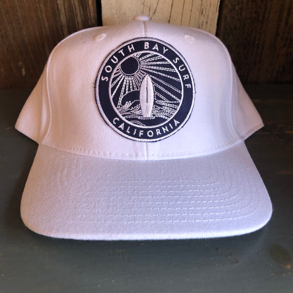 SOUTH BAY SURF (Navy Colored Patch) 6 Panel Wool Blend Flat Bill Hat - White