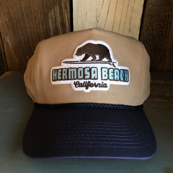 Hermosa Beach SURFING GRIZZLY BEAR 5-Panel Polyester Golf, 2-Tone - Khaki/Navy Braid