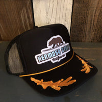Hermosa Beach SURFING GRIZZLY BEAR 5 Panel High Crown Mesh Back Captain Trucker Hat- Black/Gold