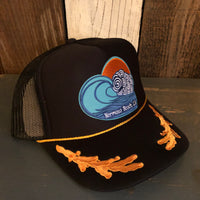 Hermosa Beach TUBULAR 5 Panel High Crown Mesh Back Captain Trucker Hat- Black/Gold