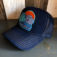 Hermosa Beach TUBULAR Premium Denim Trucker Hat - Navy/Gold Stitching