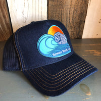 Hermosa Beach TUBULAR Premium Denim Trucker Hat - Navy/Gold Stitching