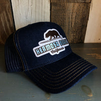 Hermosa Beach GOLDEN HOUR Premium Denim Trucker Hat - Navy/Gold Stitching