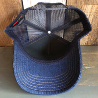 Hermosa Beach GOLDEN HOUR Premium Denim Trucker Hat - Navy/Gold Stitching