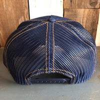 Hermosa Beach GOLDEN HOUR Premium Denim Trucker Hat - Navy/Gold Stitching