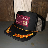 Hermosa Beach WELCOME SIGN 5 Panel High Crown Mesh Back Captain Trucker Hat- Black/Gold