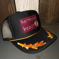 Hermosa Beach WELCOME SIGN 5 Panel High Crown Mesh Back Captain Trucker Hat- Black/Gold