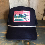 5-panel cap with navy twill front, mesh back, and pool patch; ideal for casual outdoor wear.