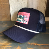 Navy 5-panel mesh-back cap with white rope detail and palm patch; casual hat suitable for outdoor use.