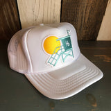 Hermosa Beach LIFEGUARD TOWER High Crown Trucker Hat - White