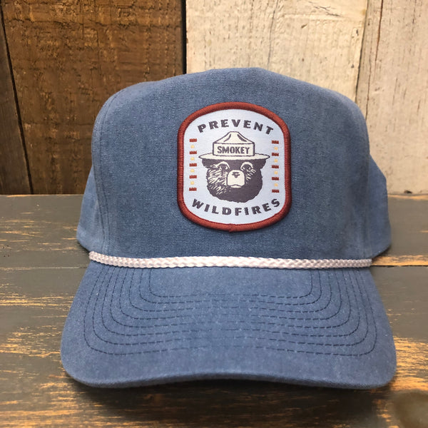 SMOKEY BEAR / PREVENT WILDFIRES 5 panel Stone Washed Canvas 2-Tone - Sky/White Braid