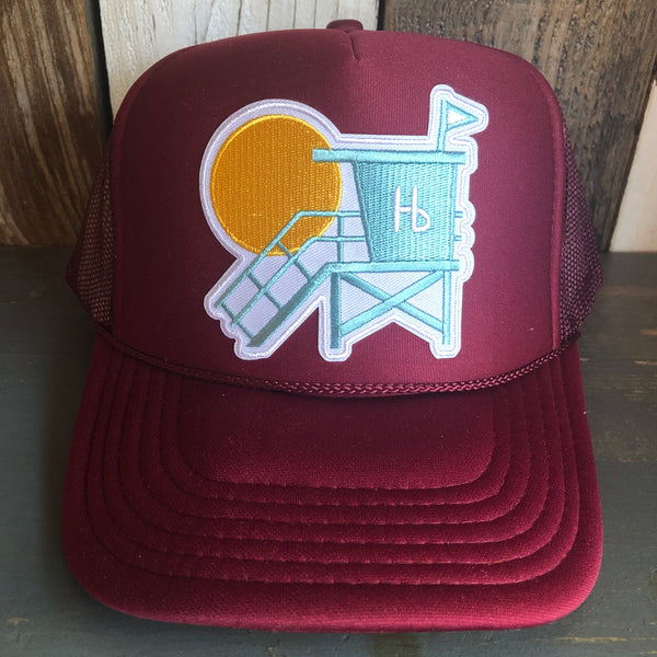 Hermosa Beach LIFEGUARD TOWER High Crown Trucker Hat - Burgundy Maroon