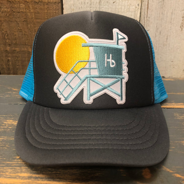 Hermosa Beach LIFEGUARD TOWER High Crown 5 Panel Trucker Cap, Foam/Mesh -  Charcoal/Aqua