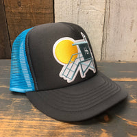 Hermosa Beach LIFEGUARD TOWER High Crown 5 Panel Trucker Cap, Foam/Mesh -  Charcoal/Aqua