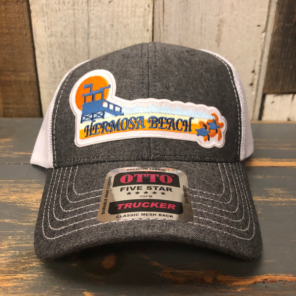 Hermosa Beach GOLDEN HOUR 6 Panel Low Profile Mesh Back Trucker Hat - Faded Black/White