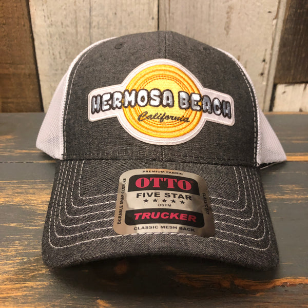 Hermosa Beach HIGH HEAT 6 Panel Low Profile Mesh Back Trucker Hat - Faded Black/White