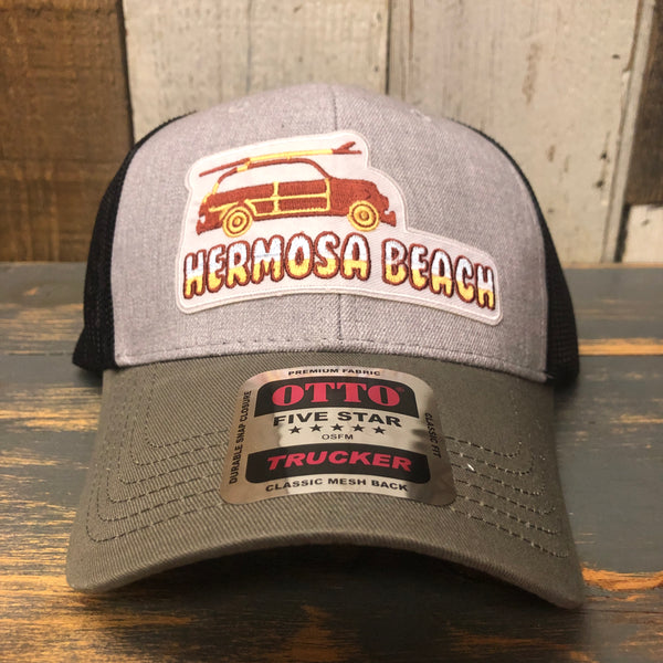 Hermosa Beach WOODIE 6 Panel Low Profile Mesh Back Trucker Hat - OliveGreen/HeatherGray/Black