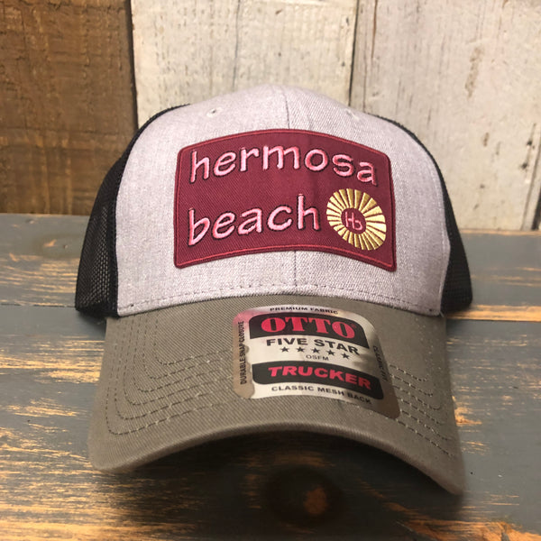 Hermosa Beach WELCOME SIGN 6 Panel Low Profile Mesh Back Trucker Hat - OliveGreen/HeatherGray/Black