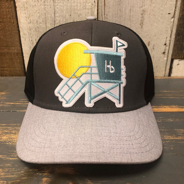 Hermosa Beach LIFEGUARD TOWER 6 Panel Low Profile Mesh Back Trucker Hat - Heather Gray/Charcoal Gray/Black