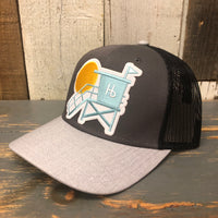 Hermosa Beach LIFEGUARD TOWER 6 Panel Low Profile Mesh Back Trucker Hat - Heather Gray/Charcoal Gray/Black
