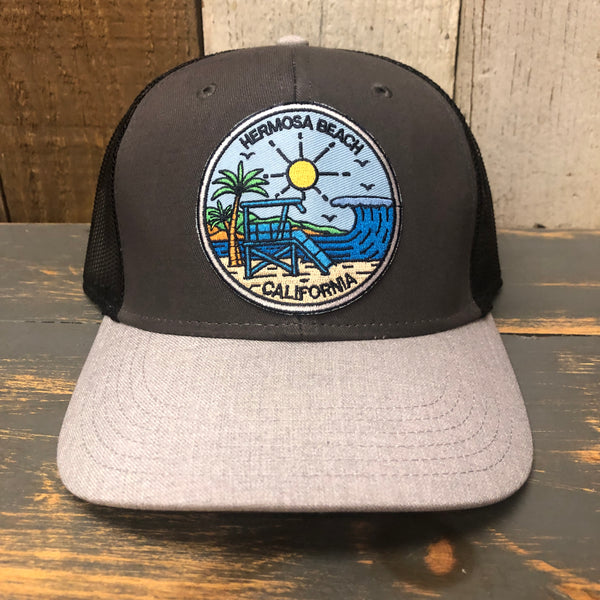 Hermosa Beach SHOREFRONT 6 Panel Low Profile Mesh Back Trucker Hat - Heather Gray/Charcoal Gray/Black