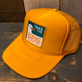 TAKE THE SCENIC ROUTE (Seagull) High Crown Trucker Hat - Gold