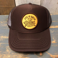 LIFE IS GREAT IN THE GOLDEN STATE High Crown Trucker Hat - Brown