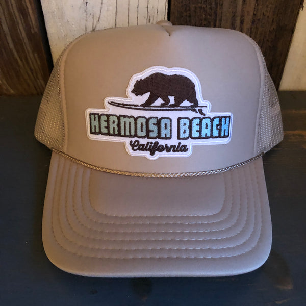 Hermosa Beach SURFING GRIZZLY BEAR High Crown Trucker Hat (Khaki)
