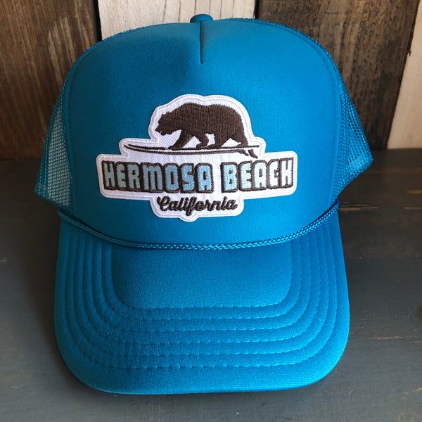 Hermosa Beach SURFING GRIZZLY BEAR High Crown Trucker Hat - Turquoise Blue