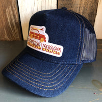 Hermosa Beach WOODIE Premium Denim Trucker Hat - Navy/Gold Stitching