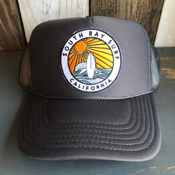 SOUTH BAY SURF (Multi Colored Patch) High Crown Trucker Hat - Charcoal (Curved Brim)