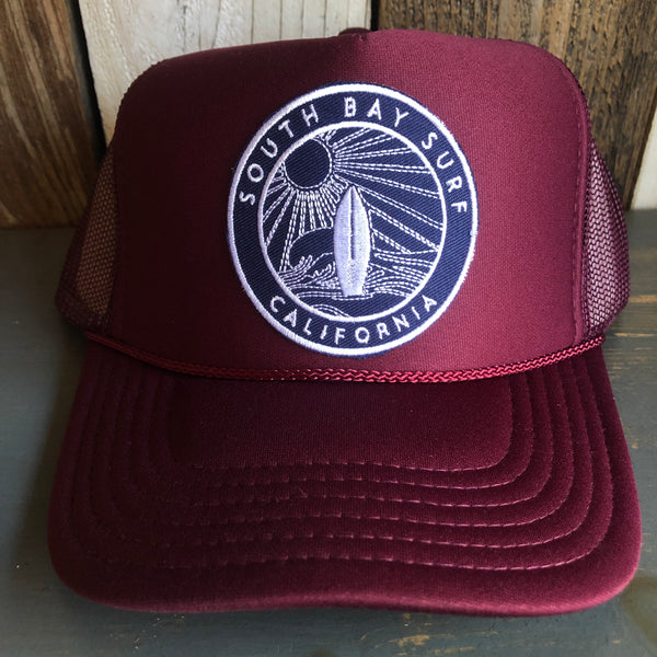 Hermosa Beach SOUTH BAY SURF (Navy Patch) High Crown Trucker Hat - Burgundy Maroon
