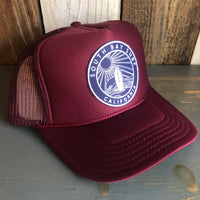 Hermosa Beach SOUTH BAY SURF (Navy Patch) High Crown Trucker Hat - Burgundy Maroon